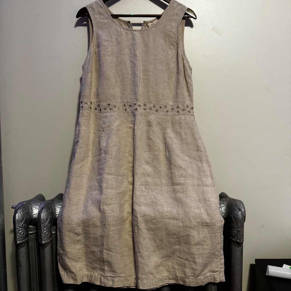L.L.Bean 100% Linen Sleeveless Dress Women's 12 Oatmeal Embroidered Waist Class